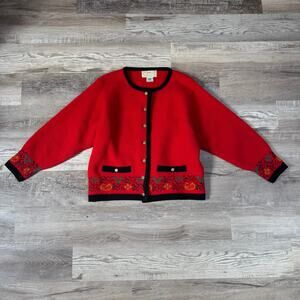 Vintage 90s Blarney Ireland Red Pure Wool Knit Jacket Folk Holiday Coat Medium